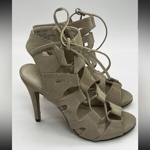 Rock Republic Suede Beige Strappy Lace Up Heels Sz 6 Y2K style shoes dance